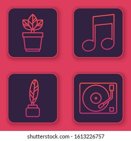 Set line Flowers in pot, Feather and inkwell, Music note, tone and Vinyl player with a vinyl disk. Blue square button. Vector