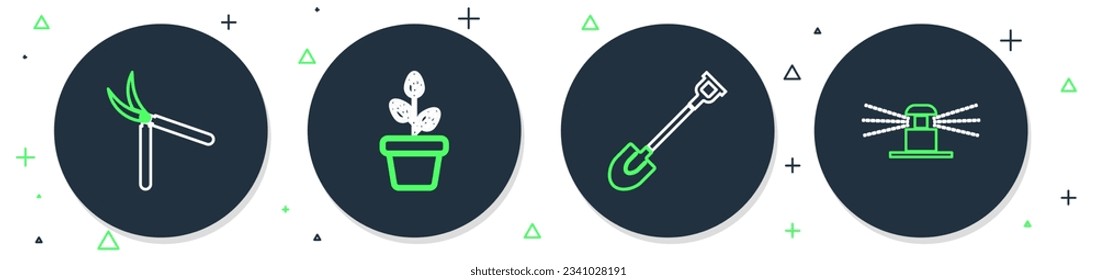 Set line Flowers in pot, Garden shovel, Gardening handmade scissor and Automatic irrigation sprinklers icon. Vector