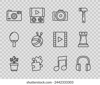 Set line Flowers in pot, Headphones, Photo camera, Piece of puzzle, Yarn ball with knitting needles, Music note, tone and Chess symbol icon. Vector