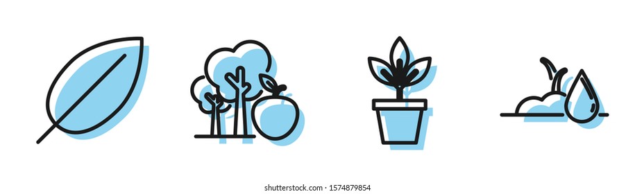 Set line Flowers in pot, Leaf, Tree with apple and Watering sprout icon. Vector