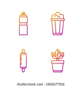 Set line Flowers in pot, Rolling pin, Fitness shaker and Popcorn in cardboard box. Gradient color icons. Vector