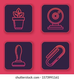 Set line Flowers in pot, Stamp, Web camera and Paper clip. Blue square button. Vector
