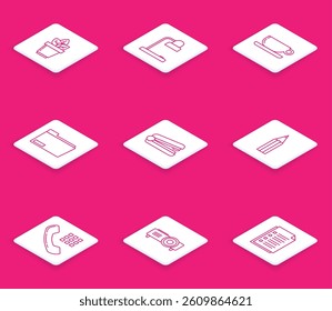 Set line Flowers in pot, Table lamp, Coffee cup flat, Document folder, Office stapler, Pencil, Telephone handset and Presentation, movie, film, media projector icon. Vector