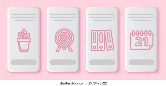 Set line Flowers in pot, Target, Office folders with papers and documents and Calendar. White rectangle button. Vector