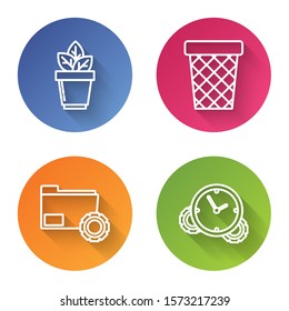 Set line Flowers in pot, Trash can, Folder settings with gears and Time Management. Color circle button. Vector