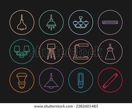 Set line Fluorescent lamp, Lamp hanging, Chandelier, Floor, Wall sconce, Table and  icon. Vector