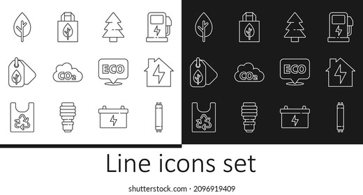 Fijar la línea Lámpara fluorescente, Casa y relámpago, árbol de Navidad, nube de emisiones de CO2, Etiqueta con hoja, Árbol, Etiqueta para comida ecológica saludable y icono de reciclaje de bolsas de compras. Vector