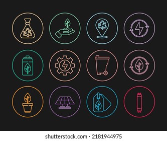 Set line Fluorescent lamp, Recycle and leaf, Gear lightning, Eco nature battery, Garbage bag with recycle, Trash can and Plant hand icon. Vector