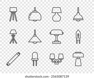 Set line Fluorescent lamp, Table, Light emitting diode, Floor, Lamp hanging, Wall sconce and  icon. Vector