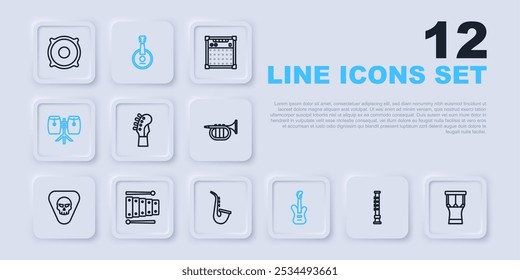 Set line Flute, African percussion drum, Guitar neck, Electric bass guitar, Conga drums, Xylophone, Banjo and Saxophone icon. Vector