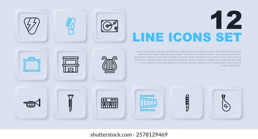 Set line Flute, Bandura, Piano, Xylophone, Guitar amplifier, Clarinet, neck and Music synthesizer icon. Vector