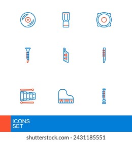 Set line Flute, Grand piano, Xylophone, Clarinet, Keytar, Stereo speaker and African djembe drum icon. Vector