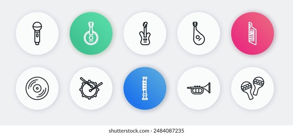 Set line Flute, Keytar, Vinyl disk, Trumpet, Bandura, Electric bass guitar, Maracas and Drum with drum sticks icon. Vector