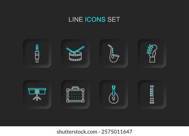 Set line Flute, Mandolin, Guitar amplifier, Bongo drum, neck, Saxophone, Drum with sticks and Audio jack icon. Vector