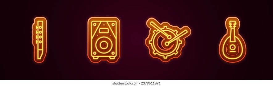 Set line Flute, Stereo speaker, Drum with drum sticks and Mandolin. Glowing neon icon. Vector