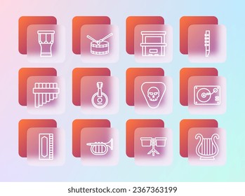 Set line Flute, Trumpet, Guitar pick, Bongo drum, Banjo, Piano, African percussion and Drum with sticks icon. Vector