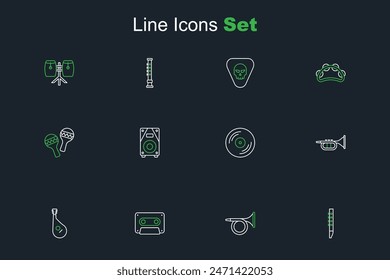 Set line Flute, Trumpet, Retro audio cassette tape, Bandura, Vinyl disk, Stereo speaker and Maracas icon. Vector
