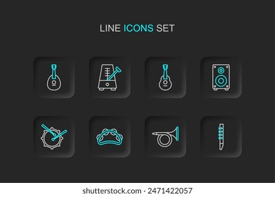 Set line Flute, Trumpet, Tambourine, Drum with drum sticks, Stereo speaker, Guitar, Metronome pendulum and Mandolin icon. Vector