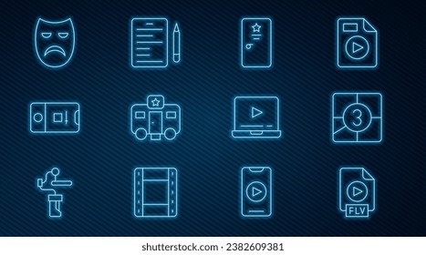 Set line FLV file document, Old film movie countdown frame, Backstage, Actor trailer, Photo and video shooting, Drama theatrical mask, Online play and Scenario icon. Vector