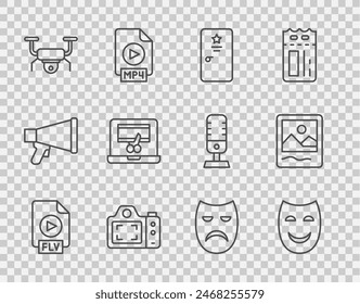 Set line FLV file document, Comedy theatrical mask, Backstage, Photo camera, Drone flying, Video recorder laptop, Drama and frame icon. Vector