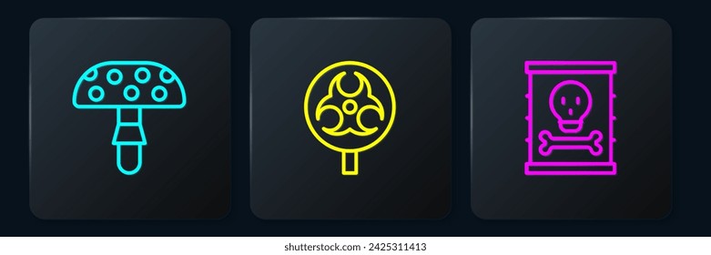 Set line Fly agaric mushroom, Radioactive waste in barrel and Biohazard symbol. Black square button. Vector