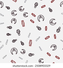 Set line Seta agárica con mosca, filete de pescado, cuchillo y caramelo en patrón transparente. Vector