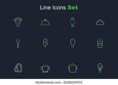 Set line Fly agaric mushroom, Cooking pot, Bowl of hot soup, Steak meat, Coffee cup to go, Chicken leg, Ice cream and Lollipop icon. Vector
