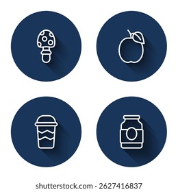 Set line Fly agaric mushroom, Plum fruit, Coffee cup to go and Jam jar with long shadow. Blue circle button. Vector