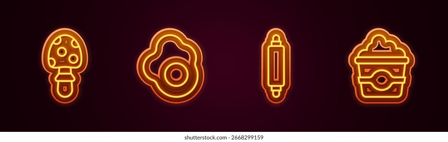 Set Fly Agarischen Pilz, Rührei, Rolling Pin und Popcorn Karton. Leuchtendes Neonsymbol. Vektorgrafik