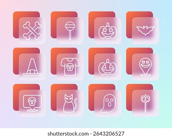 Set line Flying bat, Black cat, Pumpkin, Ghost, Shirt with skull, Crossed bones and Lollipop icon. Vector