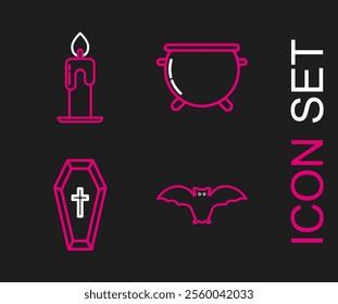 Set line Flying bat, Coffin with christian cross, Halloween witch cauldron and Burning candle icon. Vector