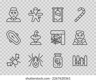 Set line Flying bat, Garden fence wooden, Guillotine, Spider, Priest, Witch, Eye jar and Vampire icon. Vector