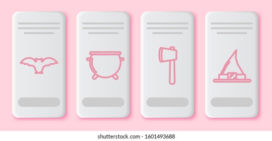 Set line Flying bat , Halloween witch cauldron , Wooden axe  and Witch hat . White rectangle button. Vector