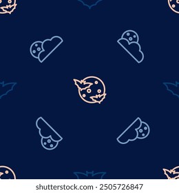 Set line Flying bat, Moon and stars and  on seamless pattern. Vector