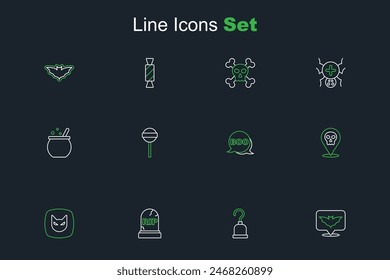 Set line Flying bat, Pirate hook, Tombstone with RIP written, Black cat, Skull, Boo speech bubble, Lollipop and Halloween witch cauldron icon. Vector