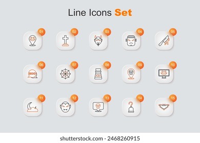 Set line Flying bat, Pirate hook, Skull, Vampire, Moon and stars, Happy Halloween holiday,  and Bottle with potion icon. Vector
