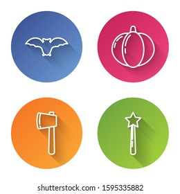 Set line Flying bat , Pumpkin , Wooden axe  and Magic wand . Color circle button. Vector