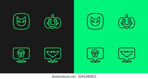 Set line Flying bat, Skull, Black cat and Pumpkin icon. Vector