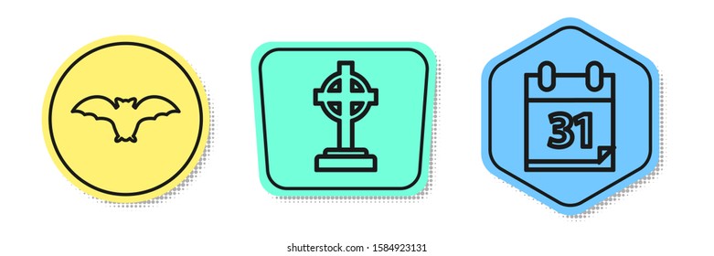 Set line Flying bat , Tombstone with cross  and Calendar with Halloween date 31 october. Colored shapes. Vector