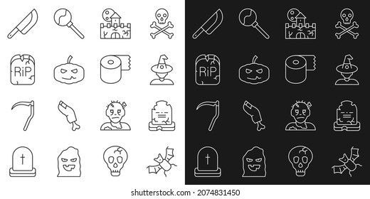 Set line Flying bat, Tombstone with RIP written, Witch, Castle, fortress, Pumpkin, Knife and Toilet paper roll icon. Vector
