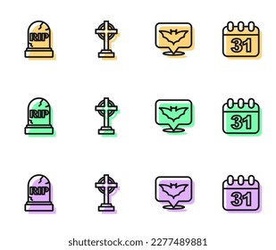 Set line Flying bat, Tombstone with RIP written, cross and Halloween date 31 october icon. Vector