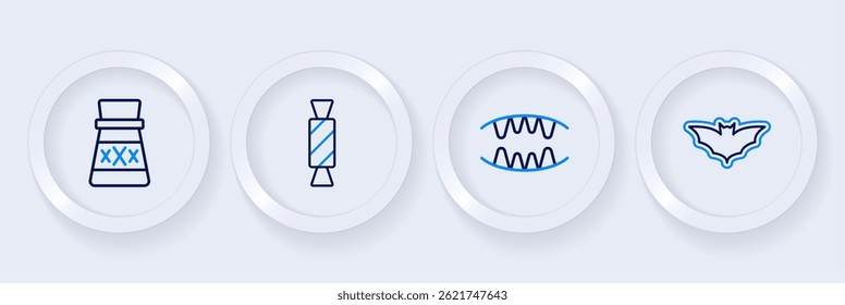 Definir linha Morcego voador, dentes de vampiro, doce e garrafa com ícone de poção. Vetor