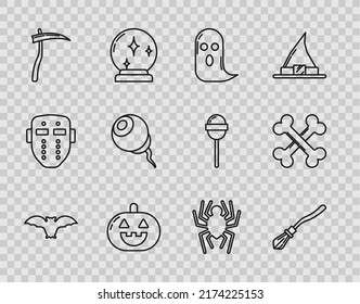 Set line Flying bat, Witches broom, Ghost, Pumpkin, Scythe, Eye, Spider and Crossed bones icon. Vector