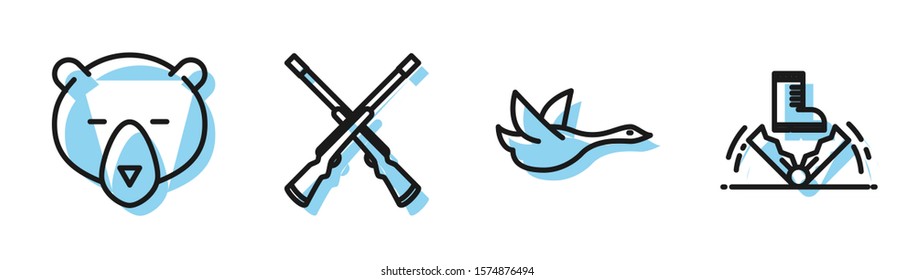 Set line Flying duck, Bear head, Two crossed shotguns and Trap hunting icon. Vector
