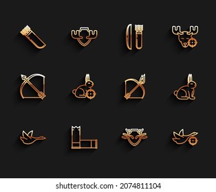 Set line Flying duck, Cartridges, Quiver with arrows, Deer antlers on shield, Hunt crosshairs, rabbit, Rabbit and Bow and fire icon. Vector