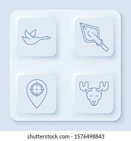 Set line Flying duck, Hipster arrow tip, Hunt place and Moose head with horns. White square button. Vector