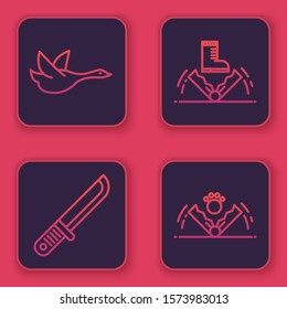 Set line Flying duck, Hunter knife, Trap hunting and Trap hunting. Blue square button. Vector