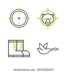 Set line Flying duck, Hunter boots, on bear with crosshairs and Target sport for shooting competition icon. Vector