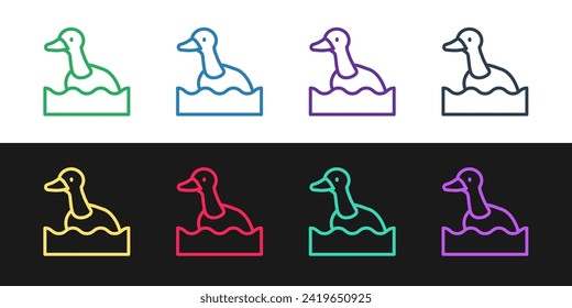 Set line Fliegende Ente Symbol einzeln auf schwarz-weißem Hintergrund.  Vektorgrafik