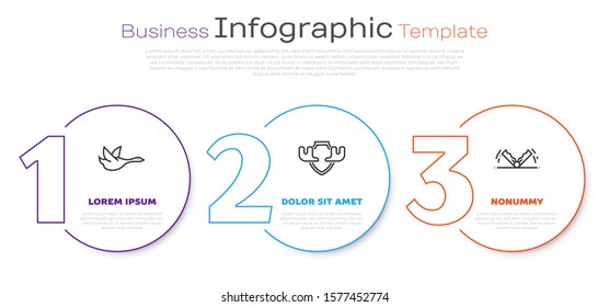 Set line Flying duck, Moose horns on shield and Trap hunting. Business infographic template. Vector